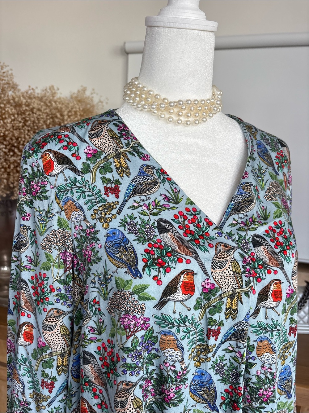 J.Jill S Bird Botanical Print Top Blouse 3/4 Sleeve EcoVero Viscose Old Money - Picture 2 of 13